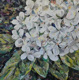 white hydrangea green leaves, downes, custom art collage